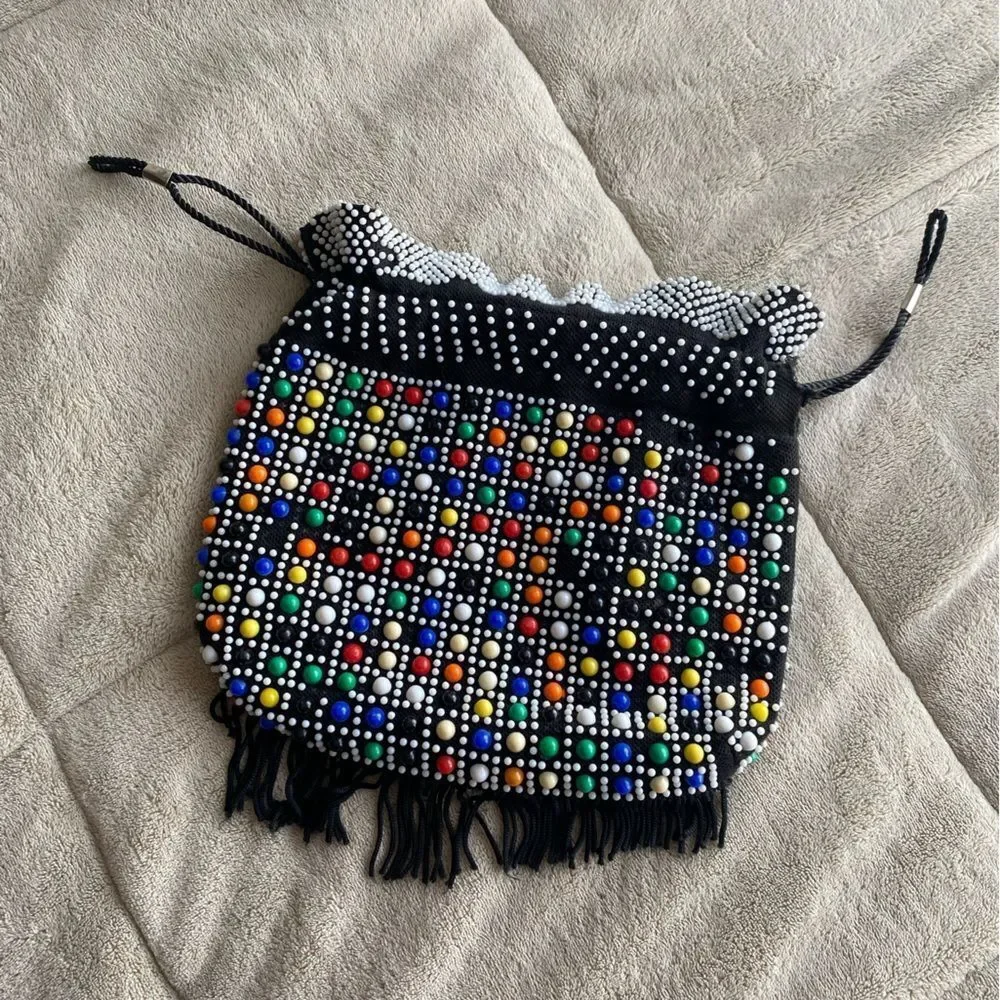 Vintage Colorful Beaded Black Drawstring Bag - 1970s Bingo Bag